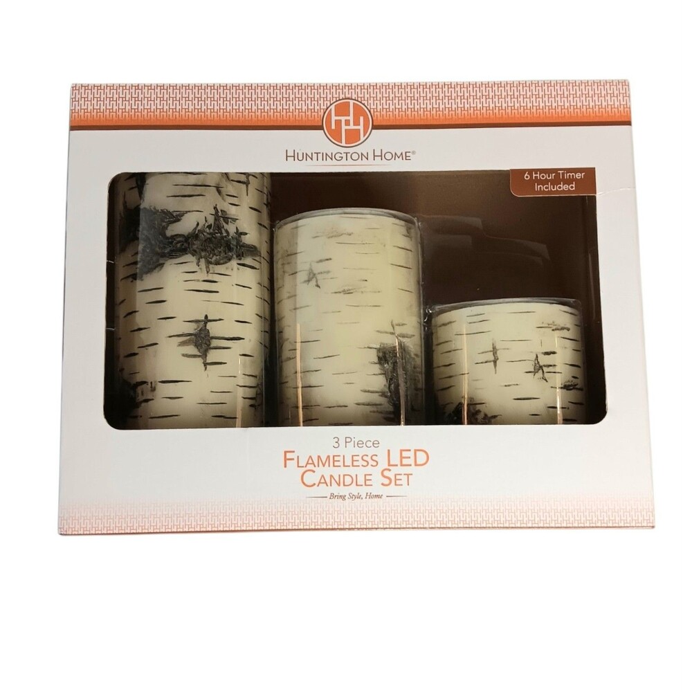 3 Piece LED Candle Set Tree Bark Design Real Wax Huntington Home ALDI New In Box